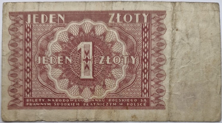 Banknot 1 złoty 1946 stan 3 rewers