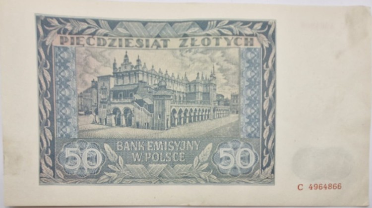 Banknot 50 zł 1941 stan 2 rewers