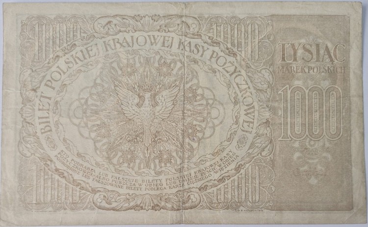 Banknot 1000 marek polskich V 1919 rewers