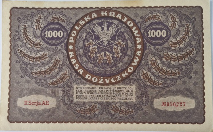Banknot 1000 marek 1919 rewers