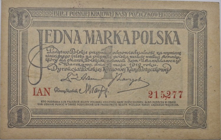 Banknot 1 marka polska V 1919 rewers