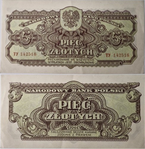 Banknot 5 zł 1944 seria lubelska -ow