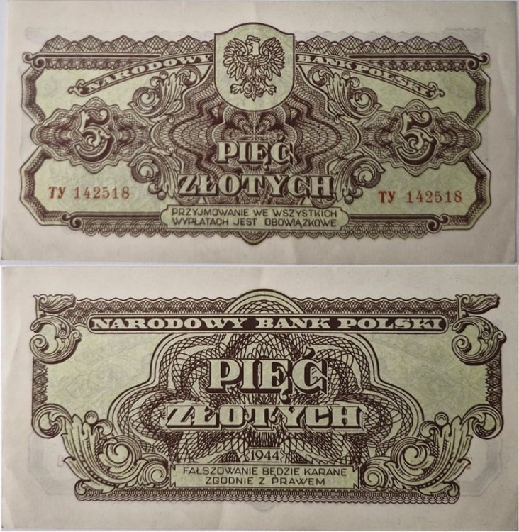 Banknot 5 zł 1944 seria lubelska -ow