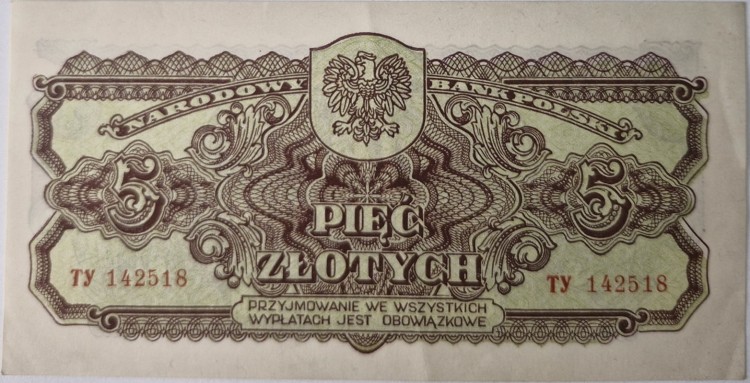 Banknot 5 zł 1944 seria lubelska -ow awers