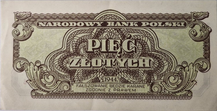 Banknot 5 zł 1944 seria lubelska -ow rewers