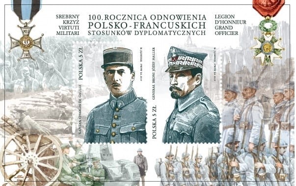 Znaczki 100. rocz. odnowienia polsko-francuskich stosunków dyp. Blok 2019 r