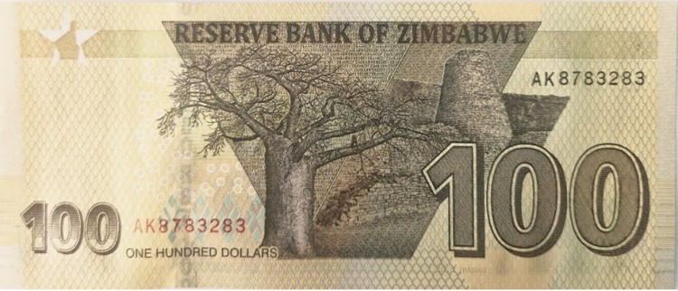 Zimbabwe banknot 100 dolarów 2020 rewers