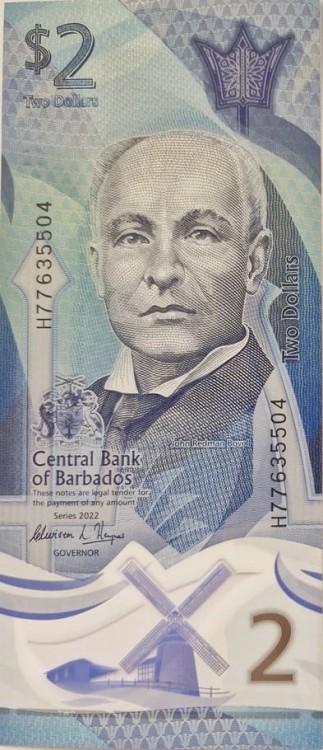 Banknot Barbados 2 dolary 2022 awers polimer