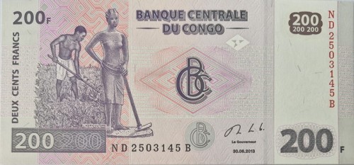 Kongo banknot 200 franków 2013 UNC awers