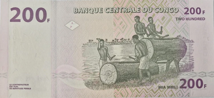 Kongo banknot 200 franków 2013 UNC rewers
