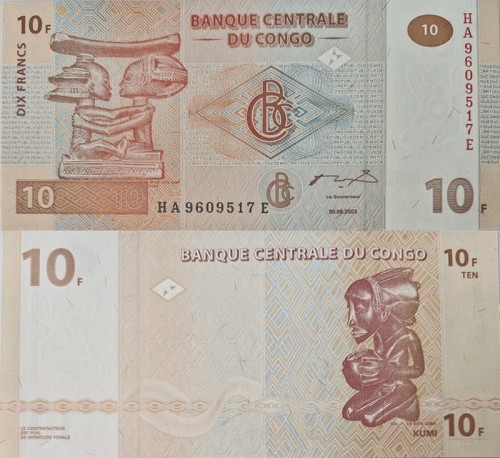 Kongo banknot 10 franków 2003 UNC