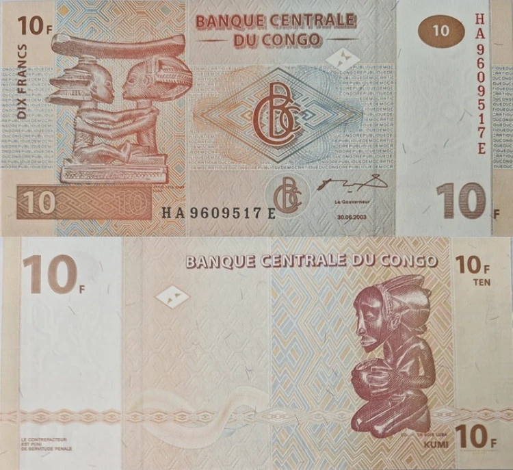 Kongo banknot 10 franków 2003 UNC