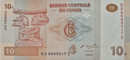 Kongo banknot 10 franków 2003 awers