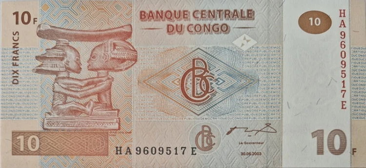 Kongo banknot 10 franków 2003 awers