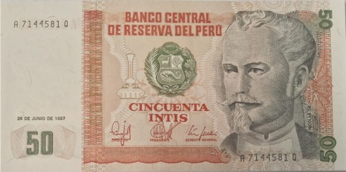 Peru banknot 50 Intis 1987 UNC P-131 awers