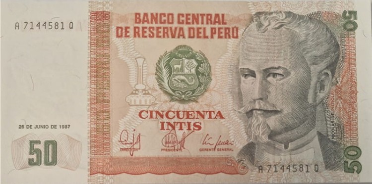 Peru banknot 50 Intis 1987 UNC P-131 awers