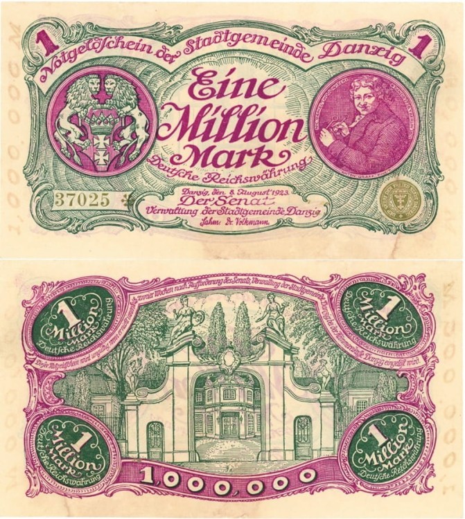 Banknot 1 mln marek 1923 r. Wolne Miasto Gdańsk