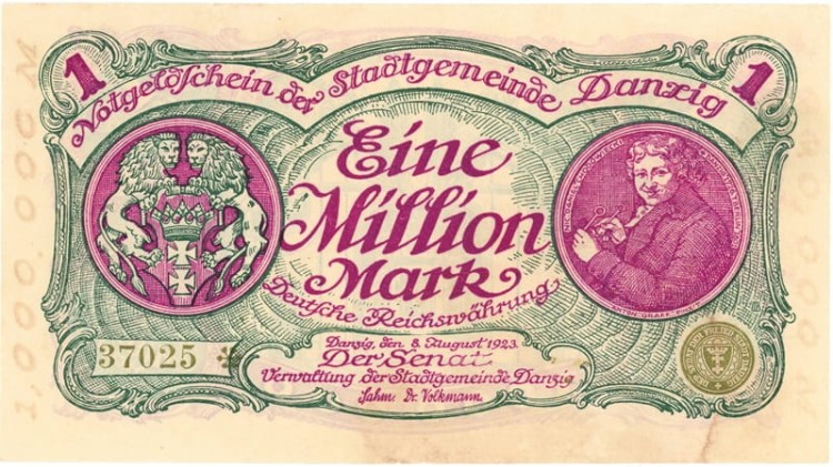 Banknot 1 mln marek 1923 r. Wolne Miasto Gdańsk awers