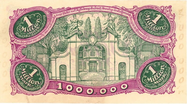 Banknot 1 mln marek 1923 r. Wolne Miasto Gdańsk rewers