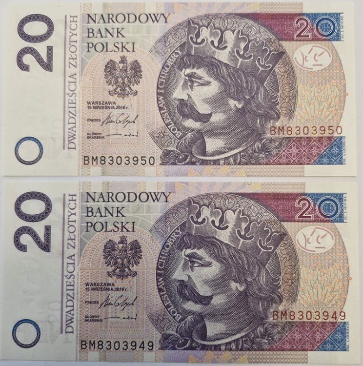 Banknoty 20 zł 2016 Bolesław Chrobry 2 kolejne numery awers