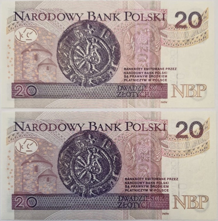 Banknoty 20 zł 2016 Bolesław Chrobry 2 kolejne numery rewers