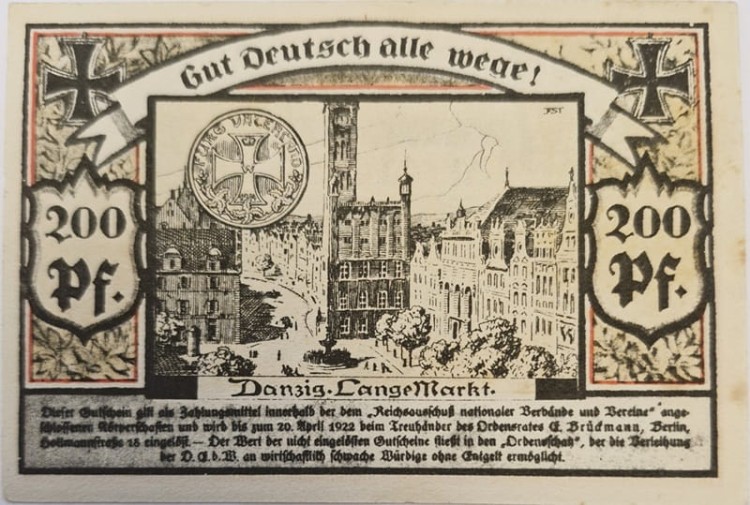 Banknot 200 pfennig 1922 Wolne Miasto Gdańsk rewers