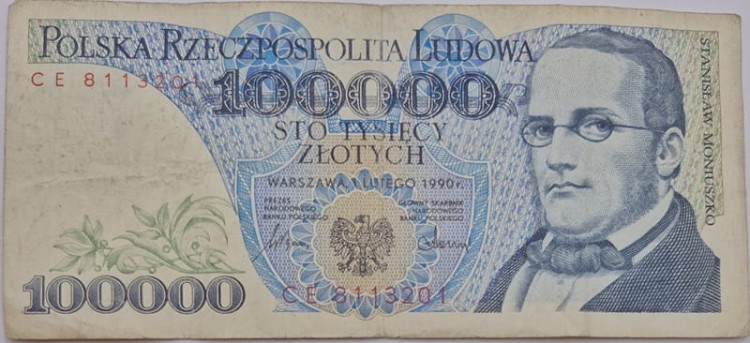Banknot PRL 100000 zł 1990 Moniuszko awers