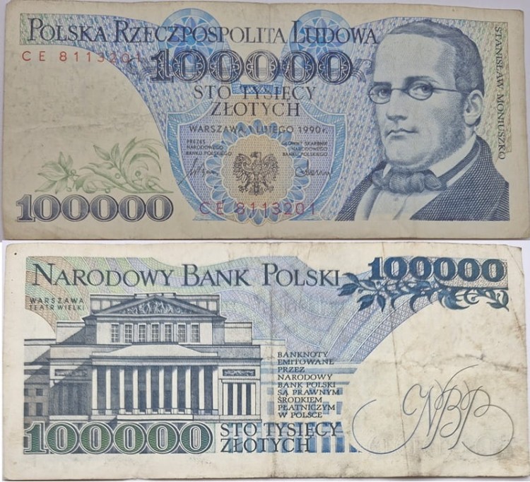 Banknot PRL 100000 zł 1990 Moniuszko