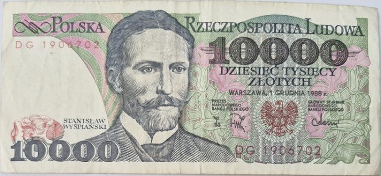 Banknot 10000 zł 1988 Stanisław Wyspiański stan 3 awers