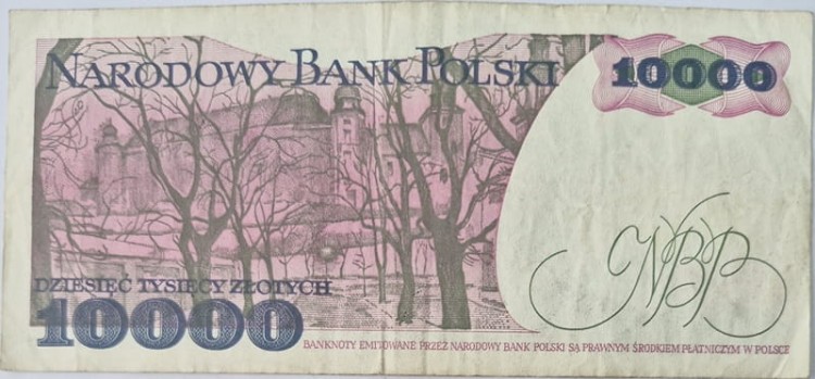 Banknot 10000 zł 1988 Stanisław Wyspiański stan 3 rewers