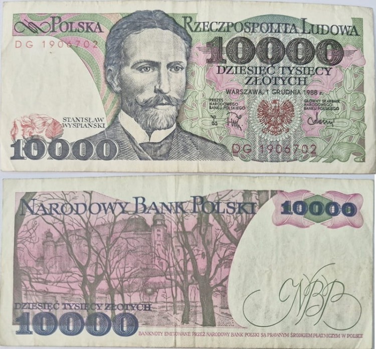 Banknot 10000 zł 1988 Stanisław Wyspiański stan 3