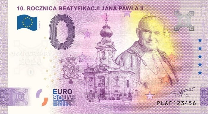 Banknot 0 euro 10 rocznica Beatyfikacji Jana Pawła II 2021 r. rewers