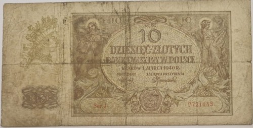 Banknot 10 złotych 1940 awers