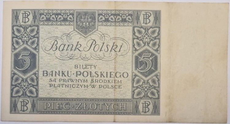 Banknot 5 złotych 1930 rewers