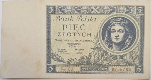Banknot 5 złotych 1930 awers