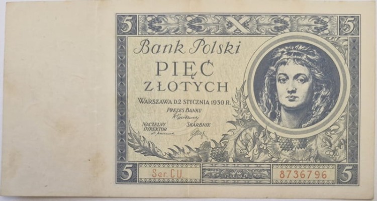 Banknot 5 złotych 1930 awers