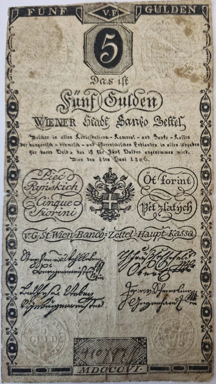 Banknot 5 guldenów 1806 5 ryńskich zabór austriacki awers