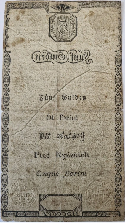 Banknot 5 guldenów 1806 5 ryńskich zabór austriacki rewers