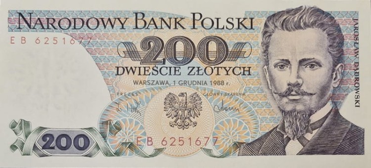 Banknot PRL 200 zł Jarosław Dąbrowski 1988 awers