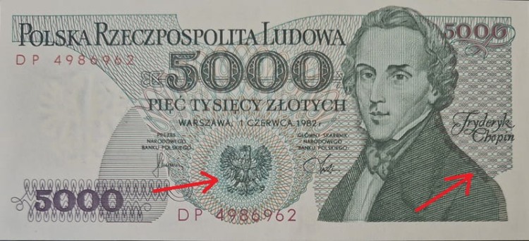 Banknot 5000 zł 1982 Fryderyk Chopin destrukt
