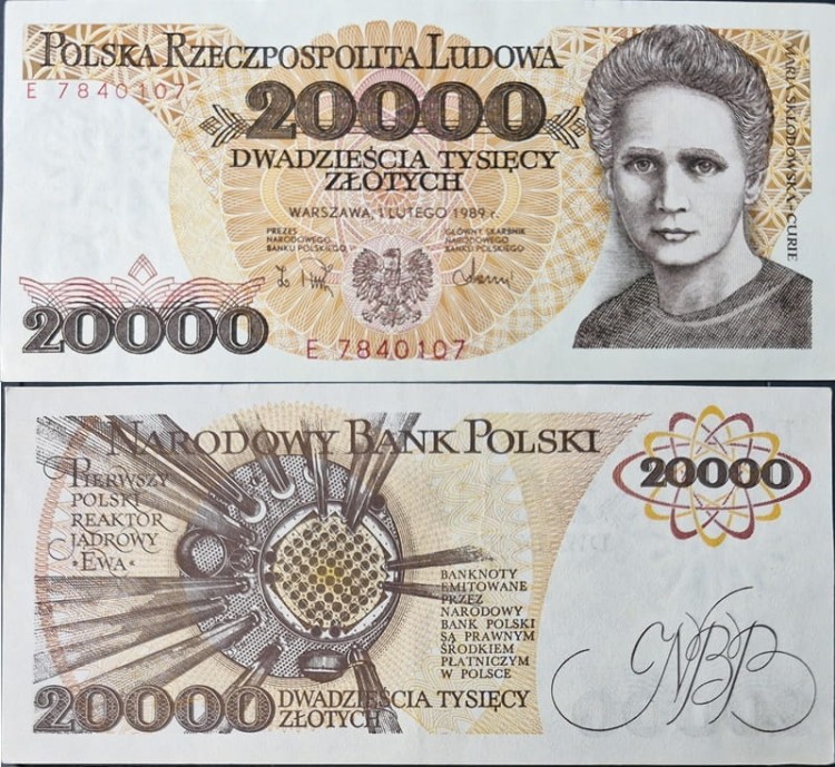 Banknot PRL 20000 zł Maria Skłodowska-Curie 1989
