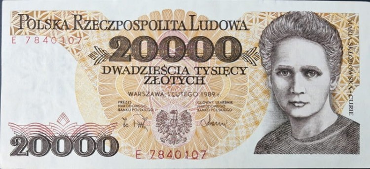 Banknot PRL 20000 zł Maria Skłodowska-Curie 1989 awers