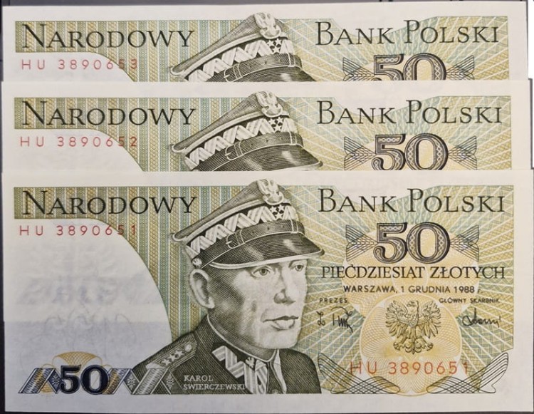 Banknoty 50 zł Świerczewski UNC 1988 3 kolejne zestaw 1