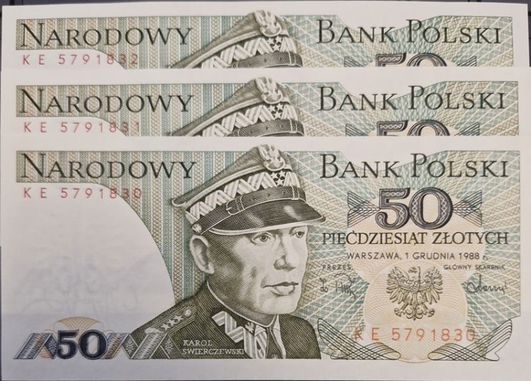 Banknoty 50 zł Świerczewski UNC 1988 3 kolejne nr 2