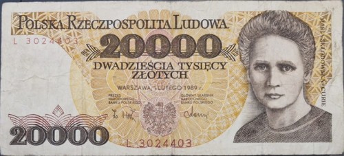 Banknot 20000 zł 1989 s3 awers