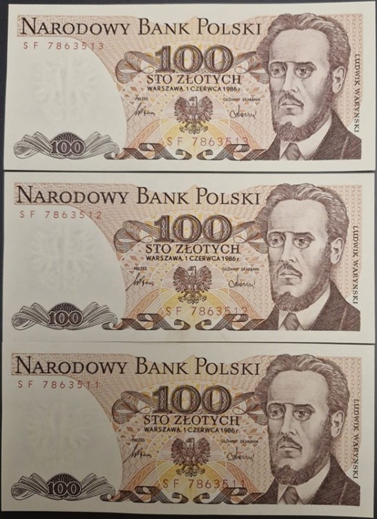 Banknoty 100 zł 1986 Ludwik Waryński SF UNC 1986 3 kolejnych awers