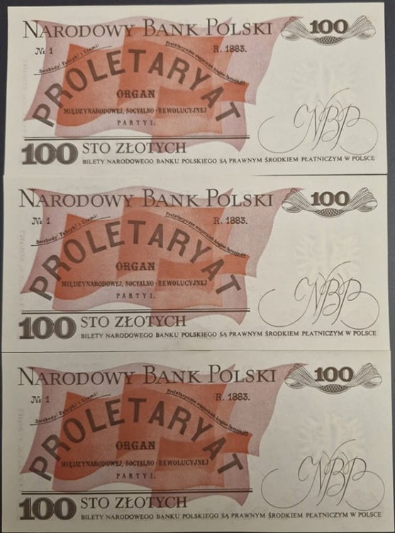 Banknoty 100 zł 1986 Ludwik Waryński SF UNC 1986 3 kolejnych rewers