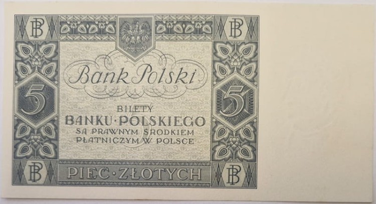 Banknot 5 złotych 1930 rewers