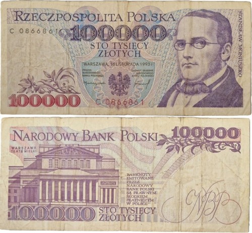 Banknot PRL 100000 zł 1993 Moniuszko stan 3