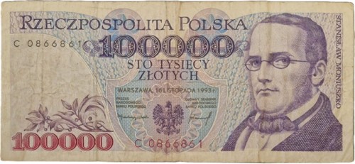 Banknot PRL 100000 zł 1993 Moniuszko stan 3 awers